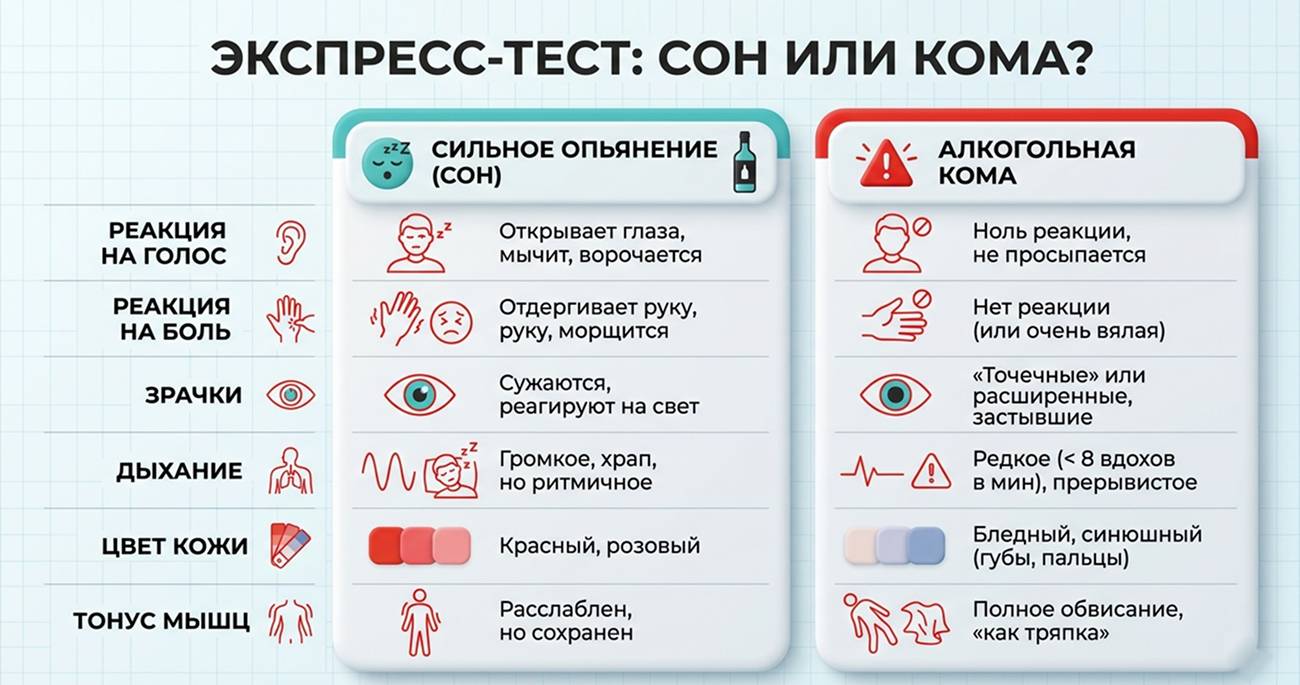 Инфографика «Сон или алкогольная кома»: сравнительная таблица признаков для быстрой оценки состояния человека.