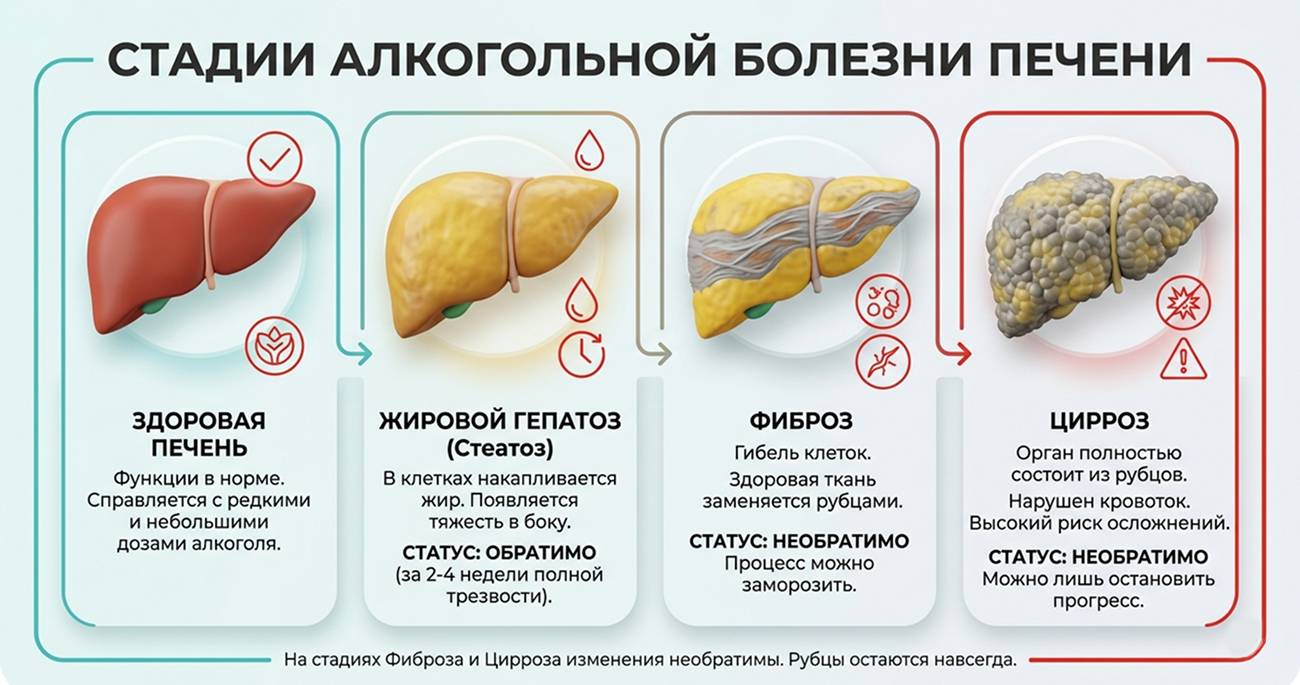 Подробная медицинская инфографика, иллюстрирующая четыре последовательные стадии алкогольной болезни печени