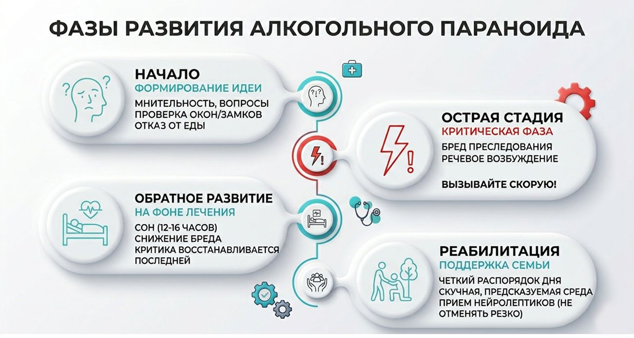 Подробная медицинская инфографика, иллюстрирующая четыре последовательные фазы развития алкогольного параноида