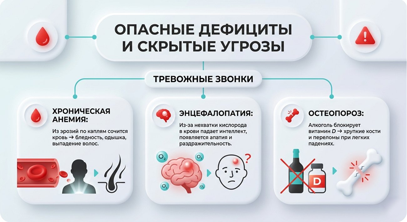 Медицинская инфографика «Тревожные звонки»: симптомы и скрытые угрозы хронической анемии, энцефалопатии и остеопороза из-за дефицитов.